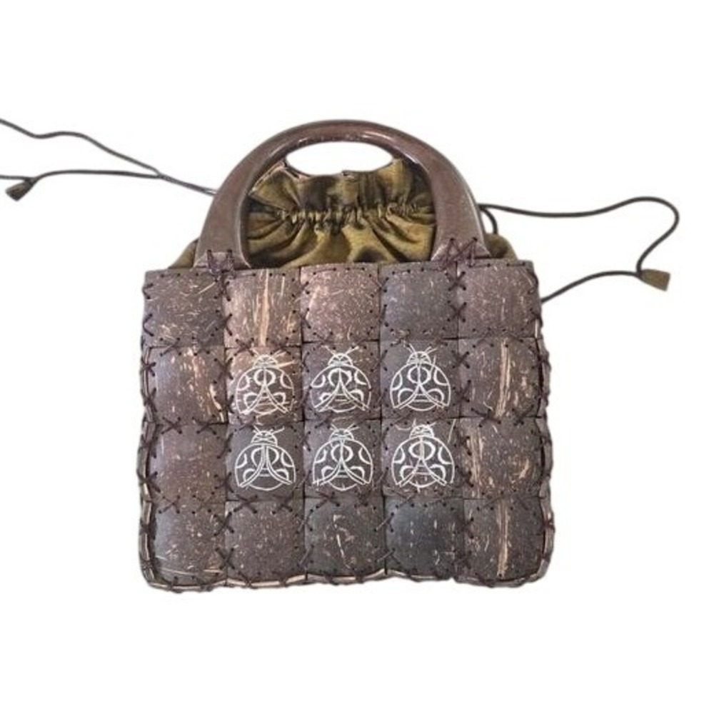 Handmade Coconut Shell Tote Bag with Wooden Handles & Floral Lining